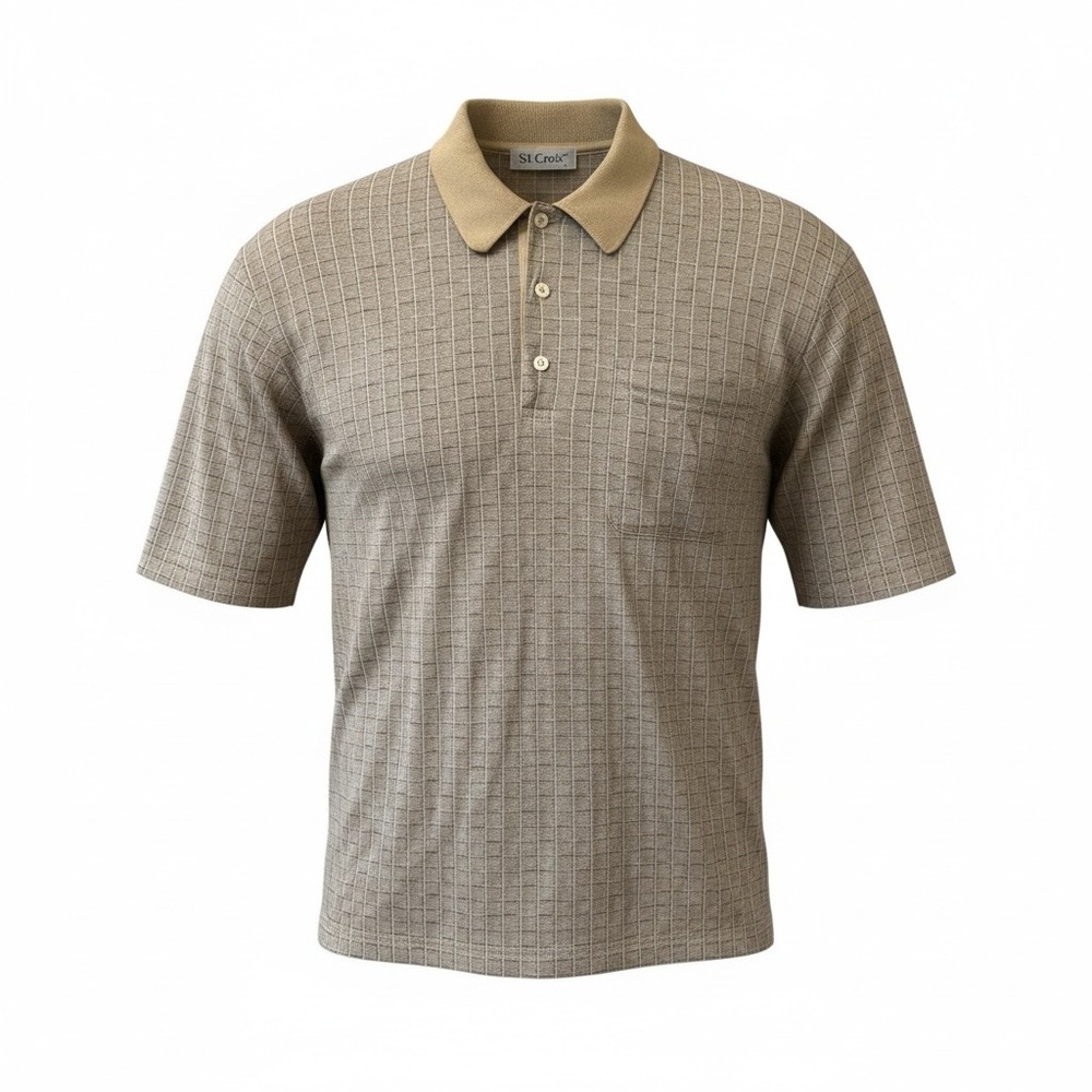 !! SOLD !! St. Croix Polo Shirt Mens L Beige Taupe Italy Cotton Grid‎ Pocket